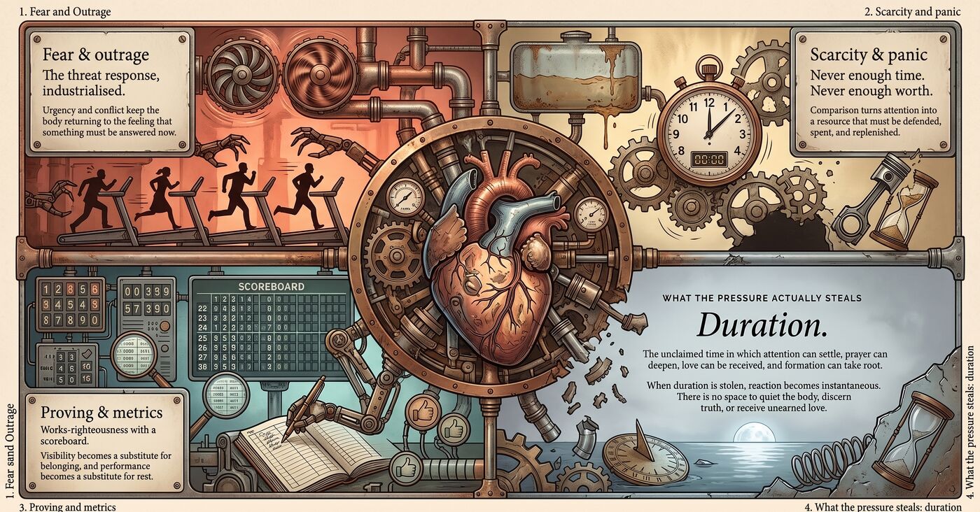 A mechanical heart under the pressures of fear, scarcity, proving, and urgency